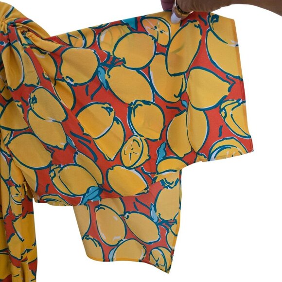 J. Peterman Lemon Print Dress 100% Silk Handkerchief Sleeve V Neck Dress Size 6 - Picture 4 of 7